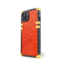 Load image into Gallery viewer, Luxury red glitter iPhone case with squared design and gold accents by Maison Purity on a white background