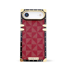 Load image into Gallery viewer, Burgundy checkered iPhone 17 Air case by Maison Purity with gold accents on a white background