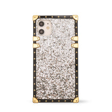 Load image into Gallery viewer, Luxury silver glitter iPhone case by Maison Purity with square design and gold accents on a white background