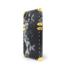 Load image into Gallery viewer, Luxury Samsung phone case with black snake skin pattern and gold accents by PURITY.