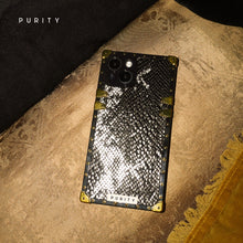 Load image into Gallery viewer, Luxury Samsung phone case with black snake skin pattern and gold accents by PURITY.