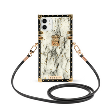 Load image into Gallery viewer, iPhone case with white marble design and gold accents.