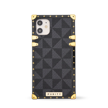Load image into Gallery viewer, A grey checkered iPhone case with the brand name PURITY visible.