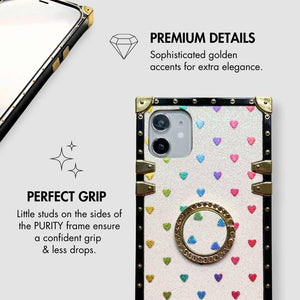iPhone case with ring "Devotion" by PURITY™ | White glitter iPhone case with rainbow hearts