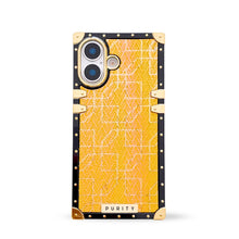 Load image into Gallery viewer, Luxury yellow iPhone 17 case with square design and gold accents by Maison Purity on a white background
