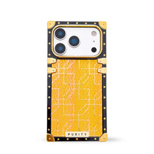 Load image into Gallery viewer, Luxury yellow iPhone 17 Pro case with square design and gold accents by Maison Purity on a white background