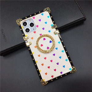 iPhone case with ring "Devotion" by PURITY™ | White glitter iPhone case with rainbow hearts