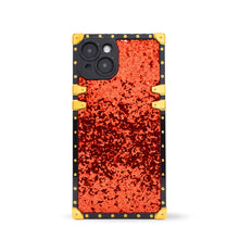 Load image into Gallery viewer, Luxury red glitter iPhone case with squared design and gold accents by Maison Purity on a white background
