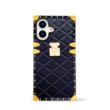 Load image into Gallery viewer, Black quilted leather iPhone 17 case by Maison Purity with square black border and gold accents on a white background
