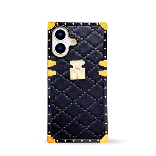Black quilted leather iPhone 17 case by Maison Purity with square black border and gold accents on a white background