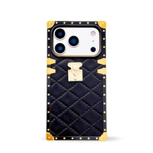 Load image into Gallery viewer, Black quilted leather iPhone 17 Pro case by Maison Purity with square black border and gold accents on a white background
