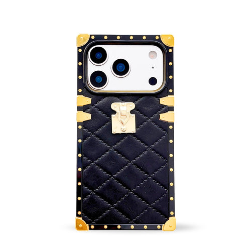 Black quilted leather iPhone 17 Pro case by Maison Purity with square black border and gold accents on a white background