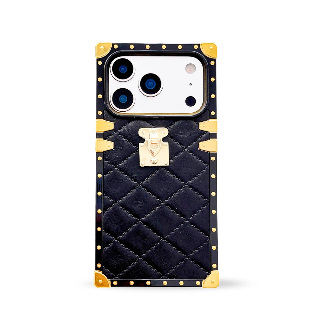 Black quilted leather iPhone 17 Pro case by Maison Purity with square black border and gold accents on a white background