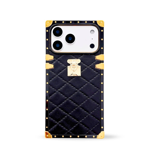 Black quilted leather iPhone 17 Pro Max case by Maison Purity with square black border and gold accents on a white background