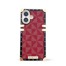 Load image into Gallery viewer, Burgundy checkered iPhone 17 case by Maison Purity with gold accents on a white background
