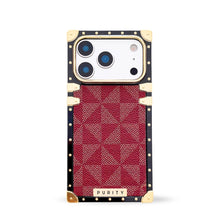 Load image into Gallery viewer, Burgundy checkered iPhone 17 Pro case by Maison Purity with gold accents on a white background

