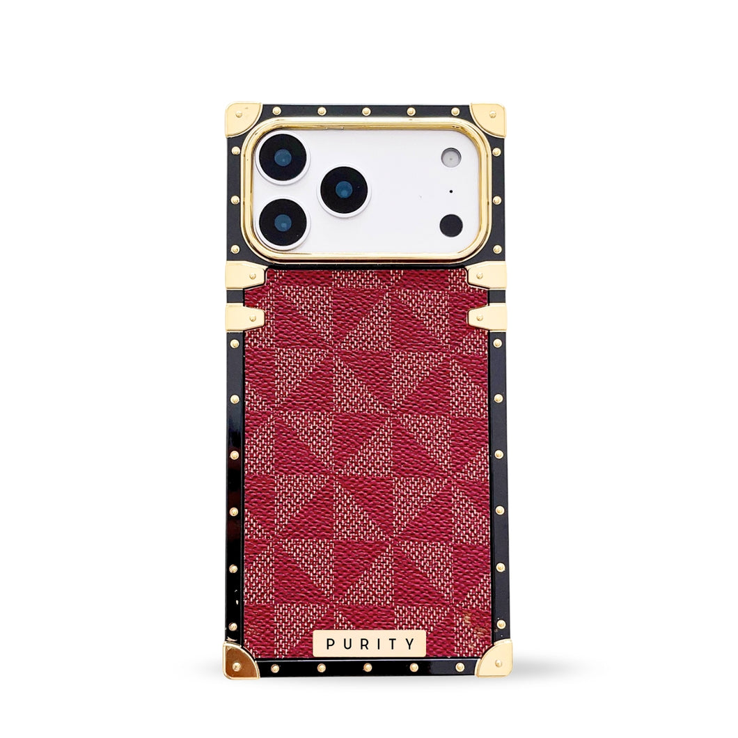 Burgundy checkered iPhone 17 Pro Max case by Maison Purity with gold accents on a white background