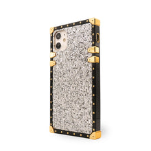 Load image into Gallery viewer, Luxury silver glitter iPhone case by Maison Purity with square design and gold accents on a white background

