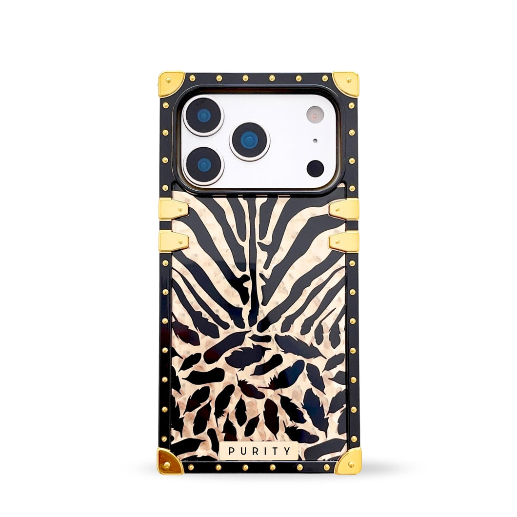 A luxury iPhone 17 Pro case with a golden animalier design by Maison Purity