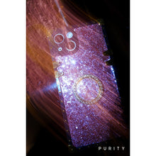 Load image into Gallery viewer, Luxury purple glitter iPhone case with  gold accents by Maison Purity on a white background
