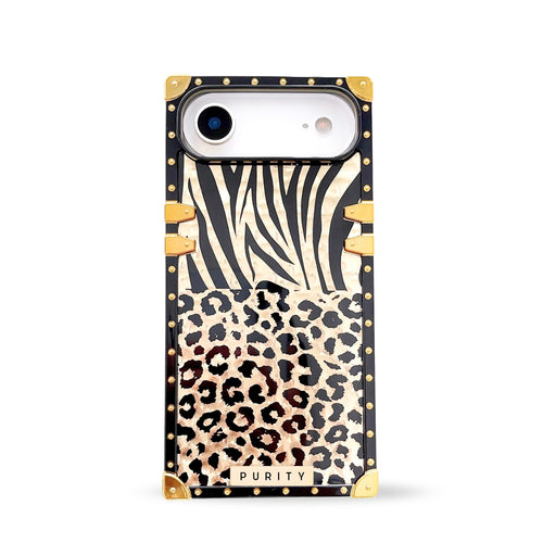 Black and gold iPhone 17 Air case with zebra and leopard print design by Maison Purity on a white background