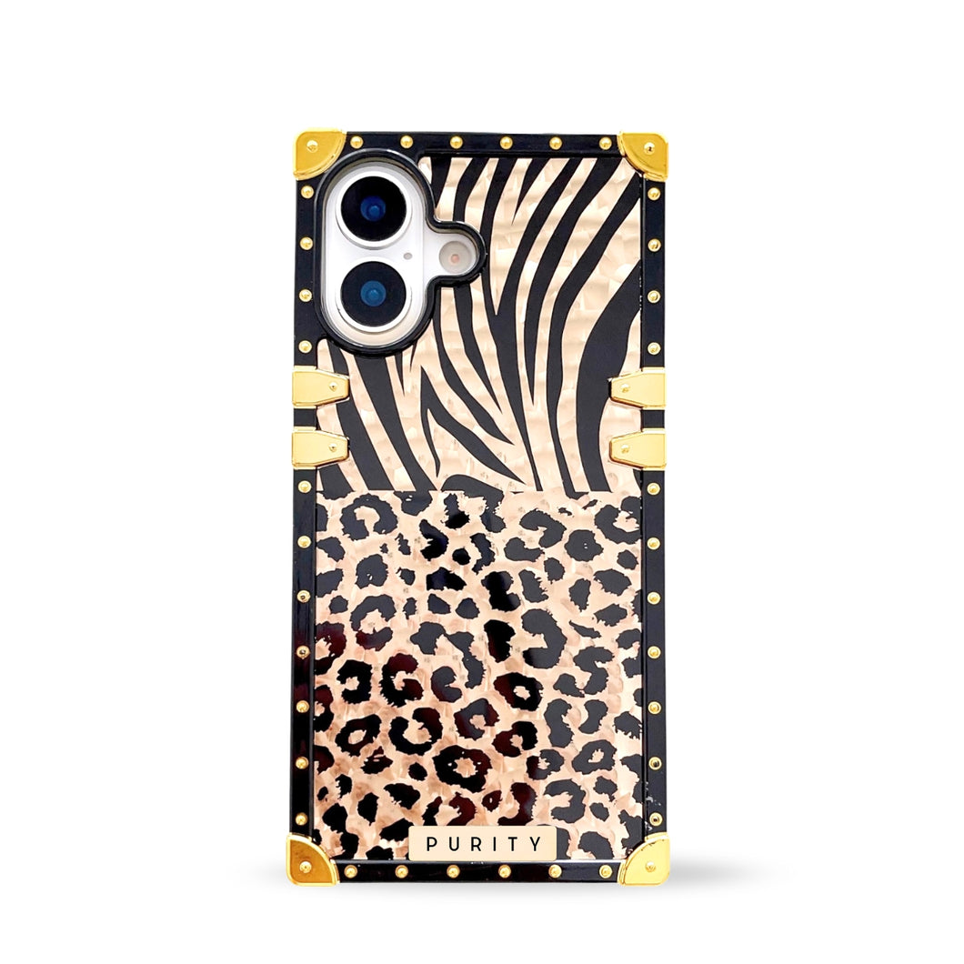 Black and gold iPhone 17 case with zebra and leopard print design by Maison Purity on a white background