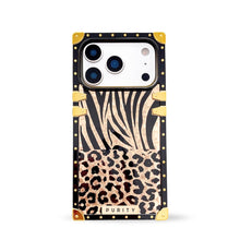 Load image into Gallery viewer, Black and gold iPhone 17 Pro case with zebra and leopard print design by Maison Purity on a white background
