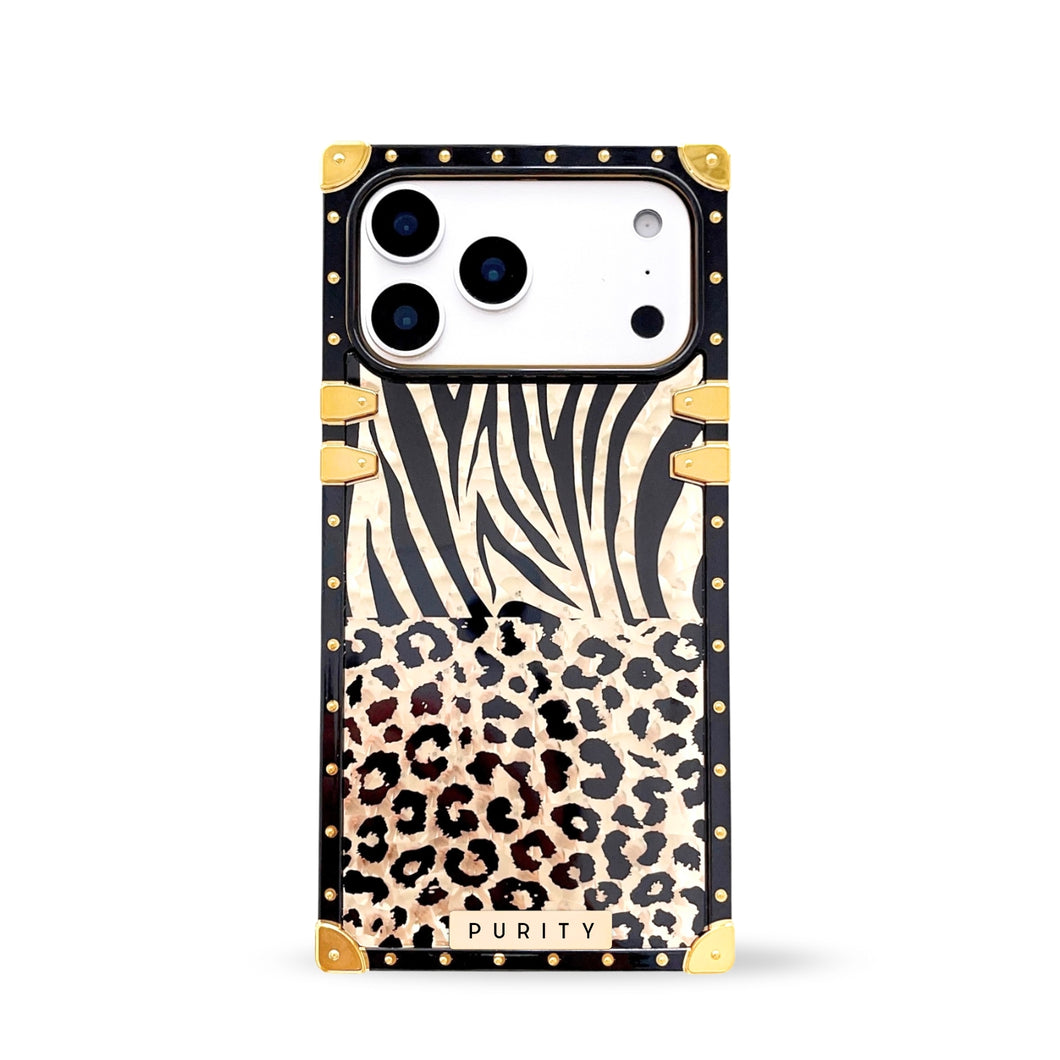 Black and gold iPhone 17 Pro Max case with zebra and leopard print design by Maison Purity on a white background