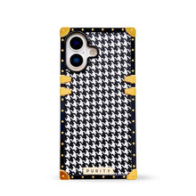 Load image into Gallery viewer, Luxury iPhone 17 case with black and white houndstooth pattern and gold accents by Maison Purity on a white background
