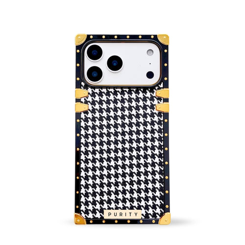Luxury iPhone 17 Pro Max case with black and white houndstooth pattern and gold accents by Maison Purity on a white background