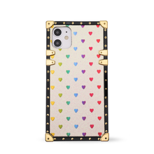 Load image into Gallery viewer, iPhone case with ring &quot;Devotion&quot; by PURITY™ | White glitter iPhone case with rainbow hearts
