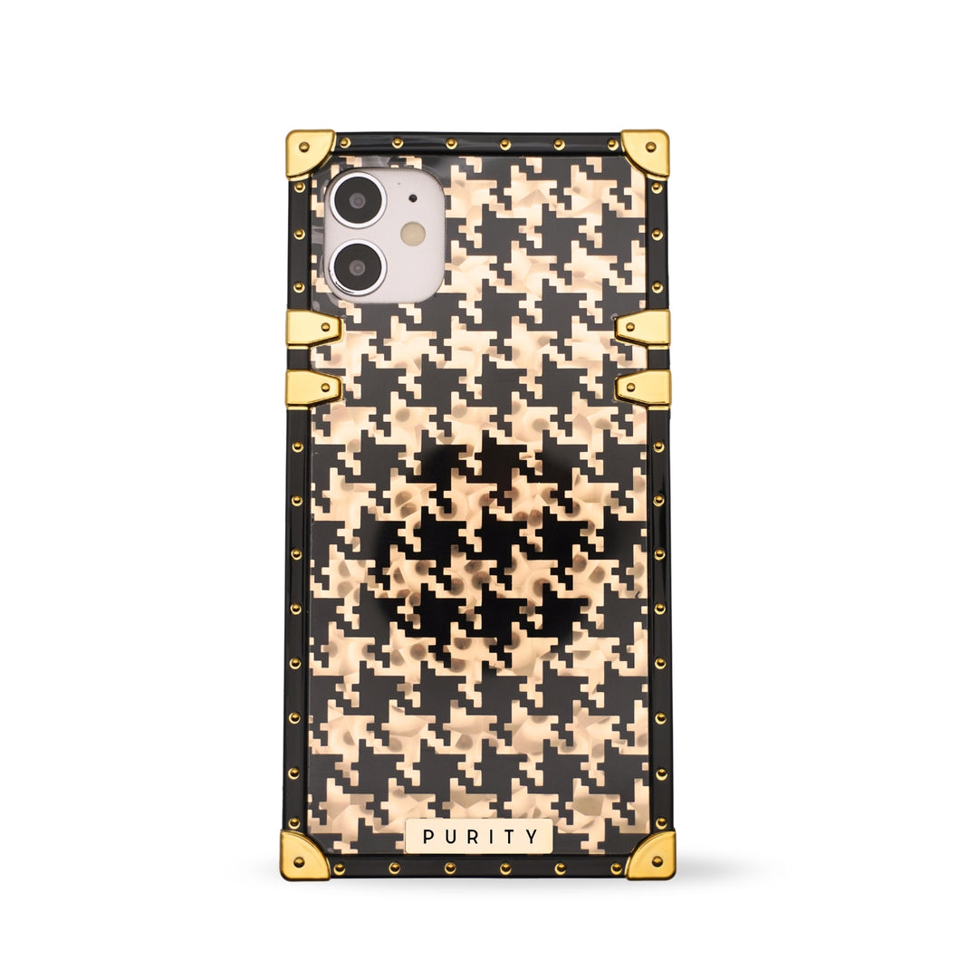 Luxury iPhone case with black and gold houndstooth pattern by PURITY.