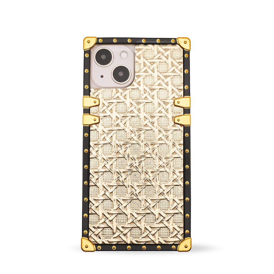 Luxury golden iPhone case with woven design by PURITY.