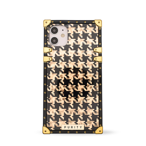 Luxury Samsung phone case with black and gold houndstooth pattern by PURITY.