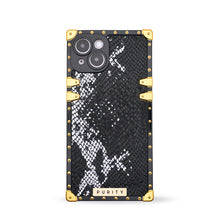 Load image into Gallery viewer, Luxury Samsung phone case with black snake skin pattern and gold accents by PURITY.
