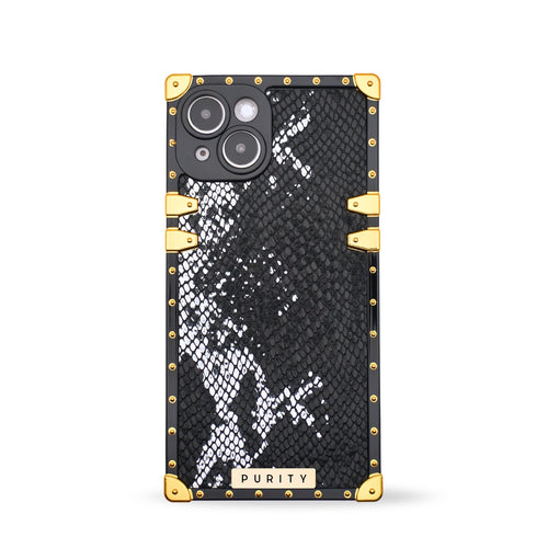 Luxury Samsung phone case with black snake skin pattern and gold accents by PURITY.