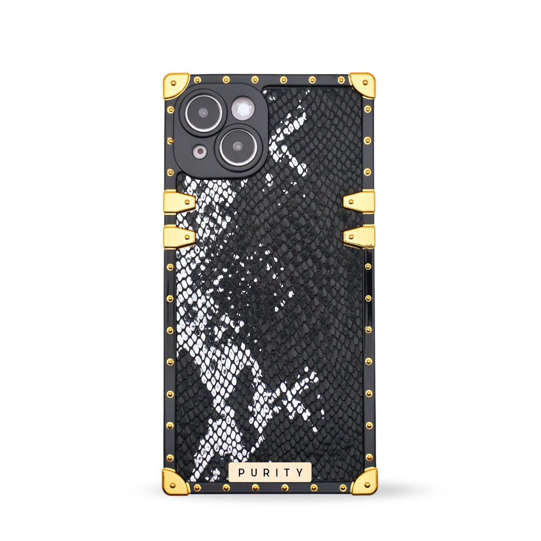 Luxury Samsung phone case with black snake skin pattern and gold accents by PURITY.