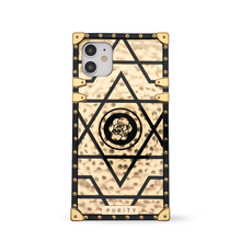 Load image into Gallery viewer, Motorola Case with Ring &quot;Emera&quot; | Square Phone Case | Geometric Gold and Black Design | PURITY
