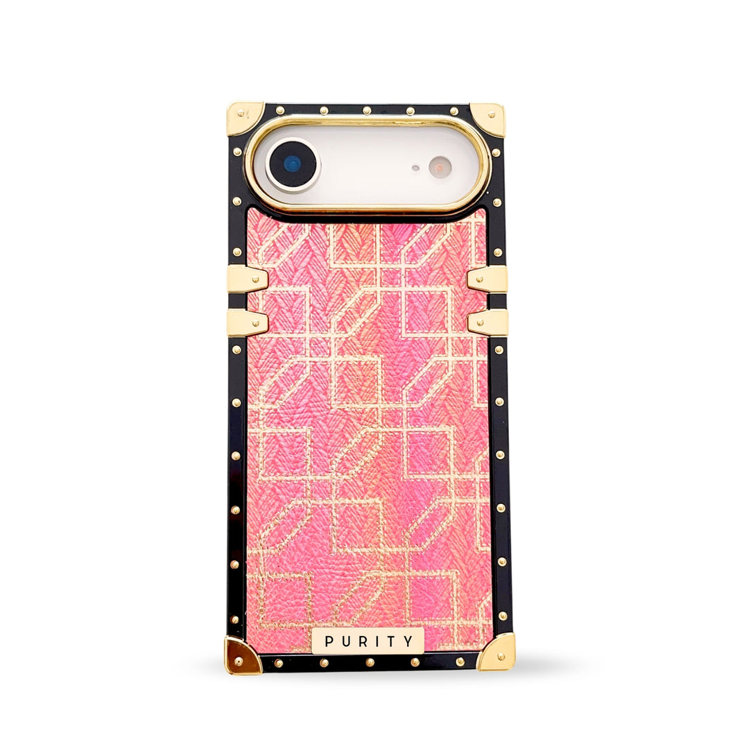 Luxury pink iPhone 17 Air case with square design and gold accents by Maison Purity on a white background