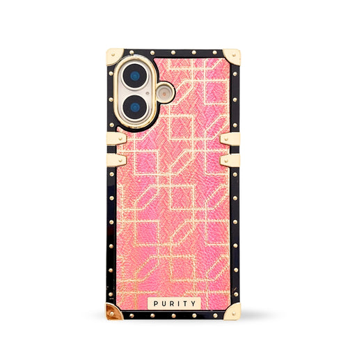 Luxury pink iPhone 17 case with square design and gold accents by Maison Purity on a white background