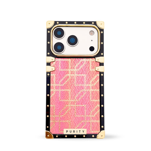 Luxury pink iPhone 17 Pro case with square design and gold accents by Maison Purity on a white background