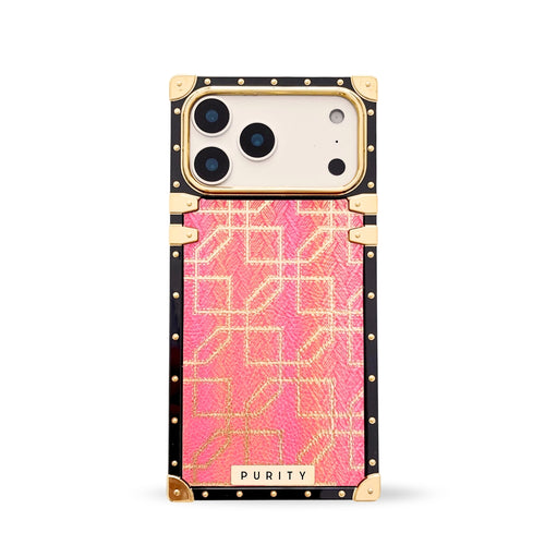 Luxury pink iPhone 17 Pro Max case with square design and gold accents by Maison Purity on a white background