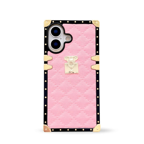 Pink quilted leather iPhone 17 case by Maison Purity with gold accents on a white background