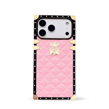 Load image into Gallery viewer, Pink leather iPhone 17 Pro Max case by Maison Purity with gold accents on a white background
