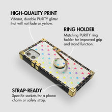 Load image into Gallery viewer, iPhone case with ring &quot;Devotion&quot; by PURITY™ | White glitter iPhone case with rainbow hearts
