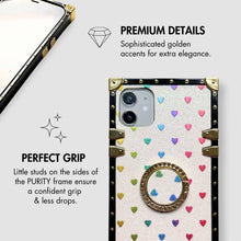 Load image into Gallery viewer, iPhone case with ring &quot;Devotion&quot; by PURITY™ | White glitter iPhone case with rainbow hearts
