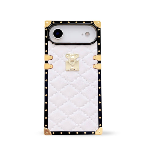 White quilted leather iPhone 17 Air case by Maison Purity with square black border and gold accents on a white background