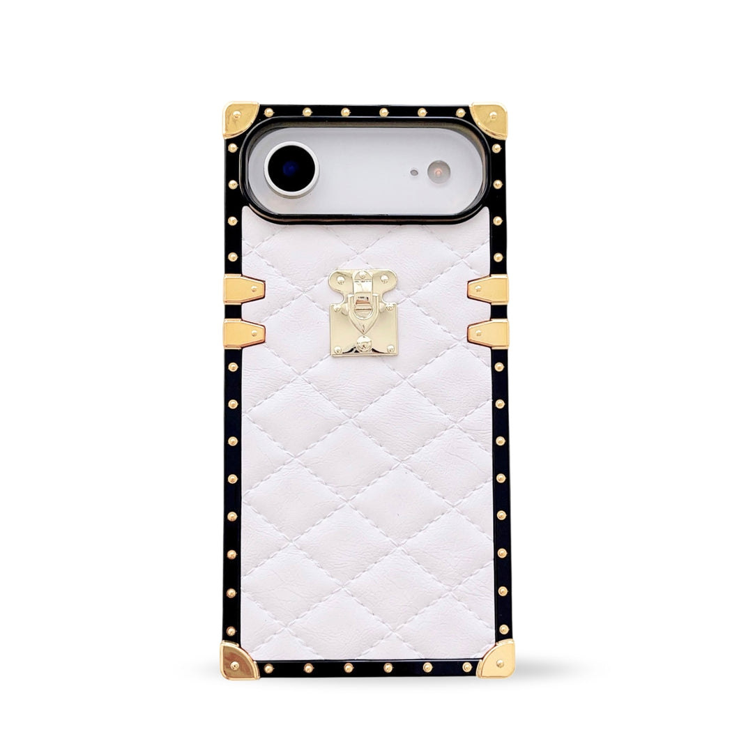 White quilted leather iPhone 17 Air case by Maison Purity with square black border and gold accents on a white background