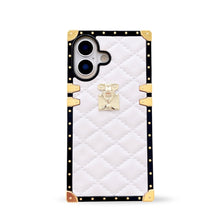 Load image into Gallery viewer, White quilted leather iPhone 17 case by Maison Purity with square black border and gold accents on a white background
