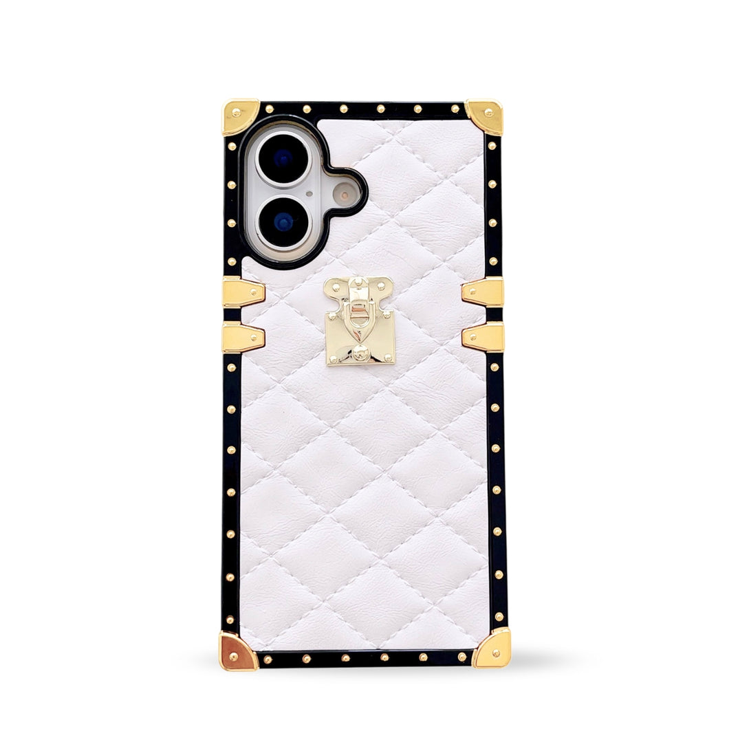 White quilted leather iPhone 17 case by Maison Purity with square black border and gold accents on a white background